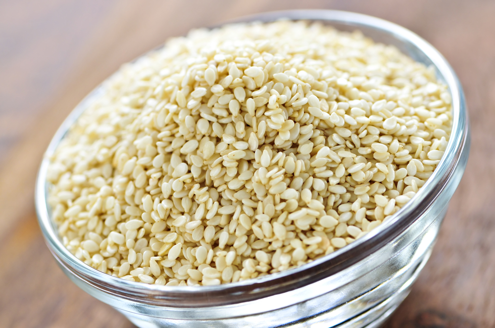 Sesame seeds close up in glass bowl